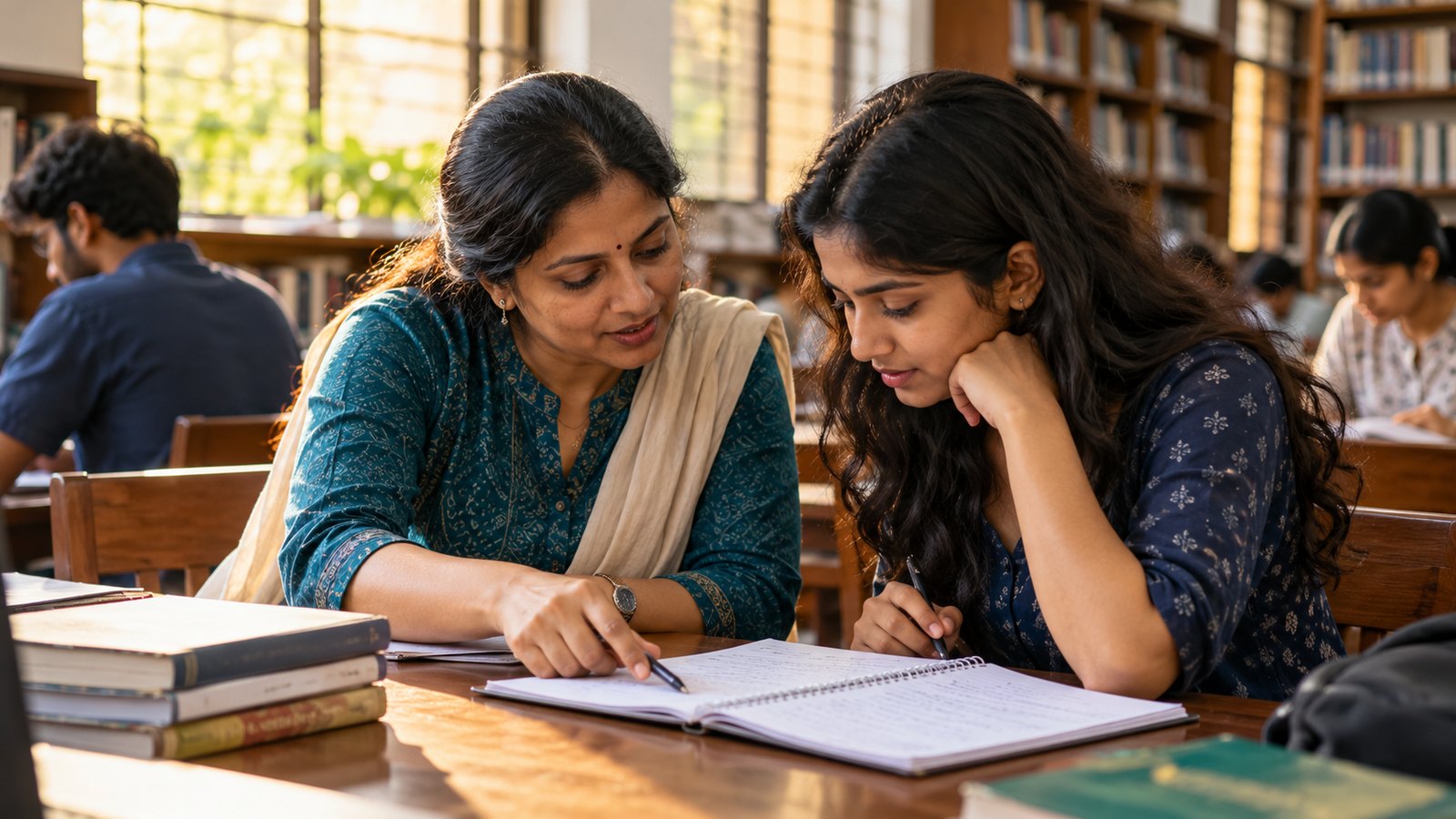 An Indian adult volunteer and a college-age learner reviewing a notebook at a library desk.