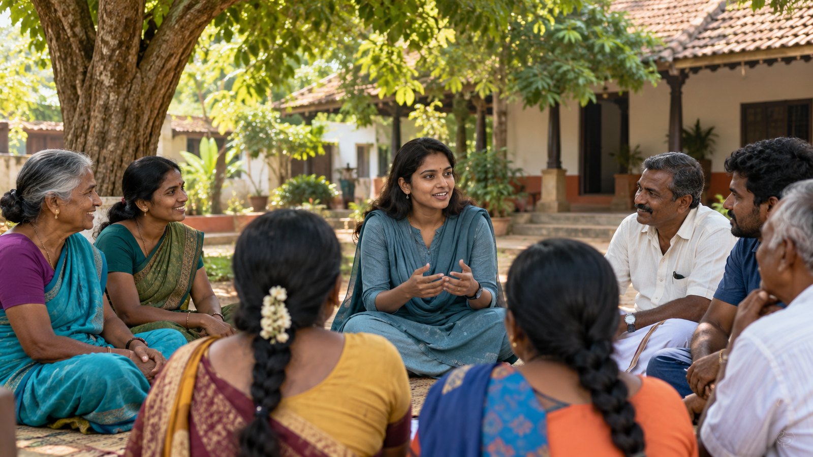 A quiet community courtyard in southern India with adults of different ages in a small learning discussion under a neem tree.