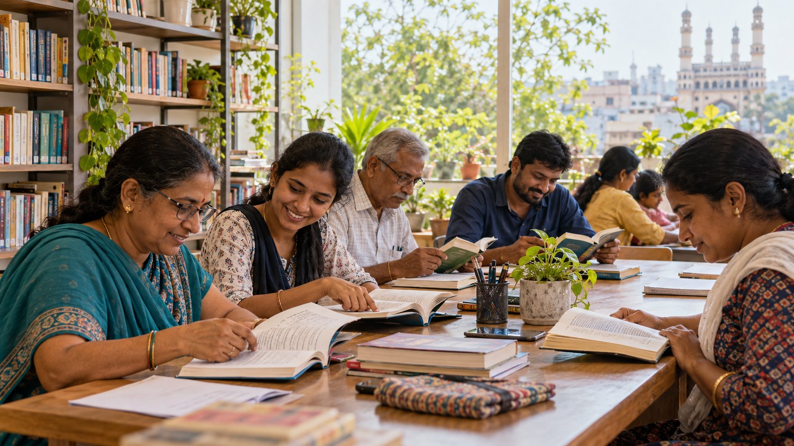 Adults reading together around a table in a sunlit reading room.