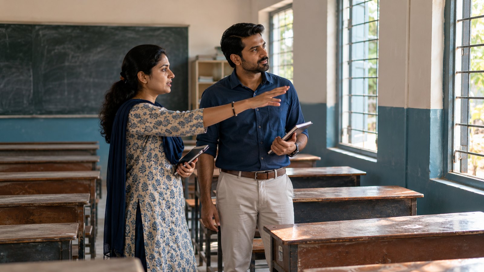 Two Indian adult community coordinators visiting an empty classroom together.
