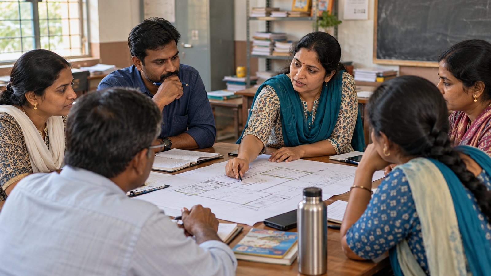 A practical planning discussion between Indian adult educators and community volunteers around a modest table in a public-school staff room.
