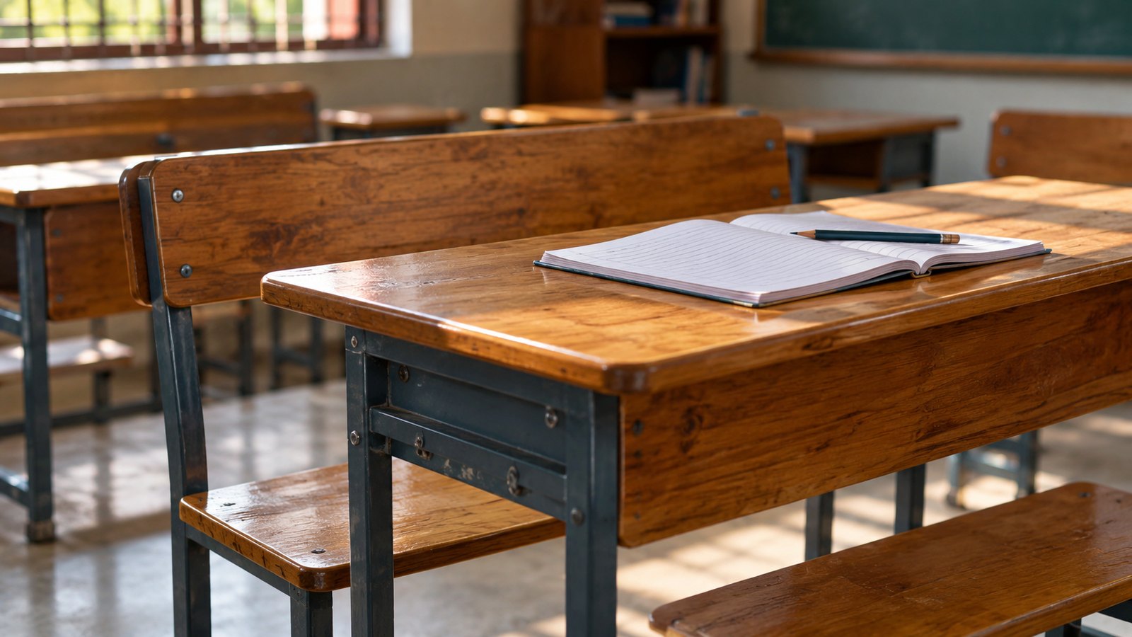 Close-up of a well-made classroom dual desk and bench.