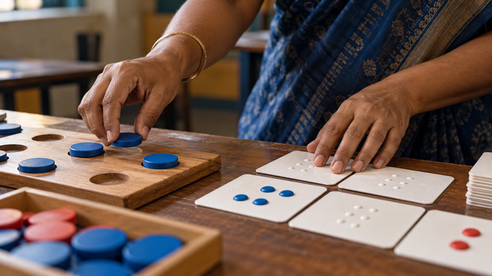 Close detail of an adult educator arranging tactile counting tools and raised-dot learning cards on a school desk.