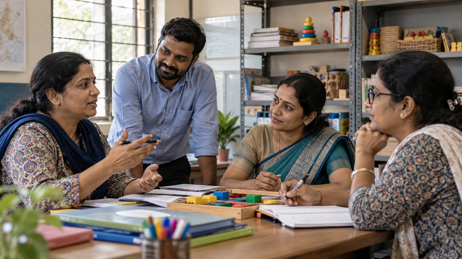 A collaborative planning conversation among Indian adult teachers beside a shelf of accessible learning resources in a school staff room.