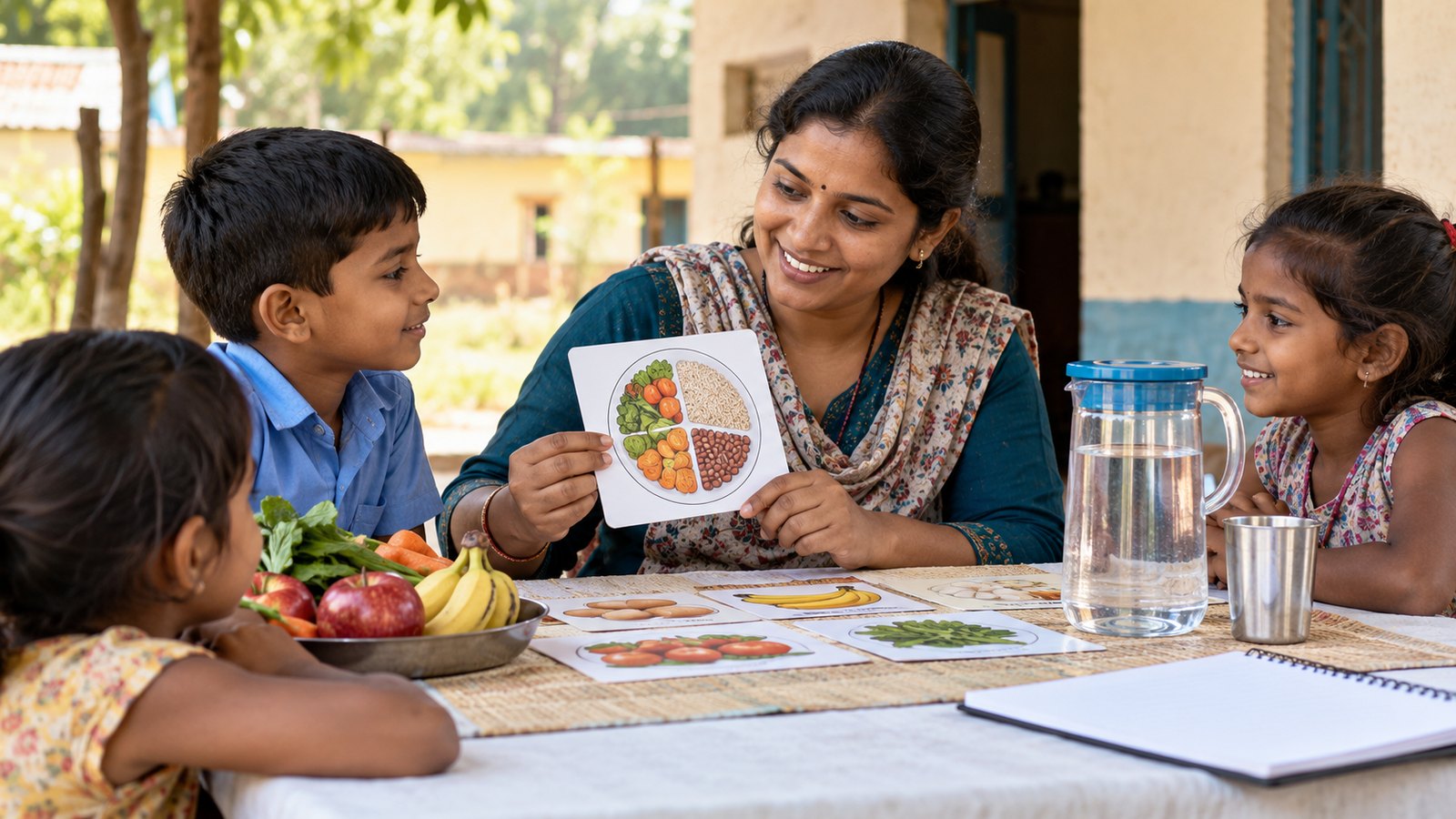 A community educator using nutrition picture cards with young learners.