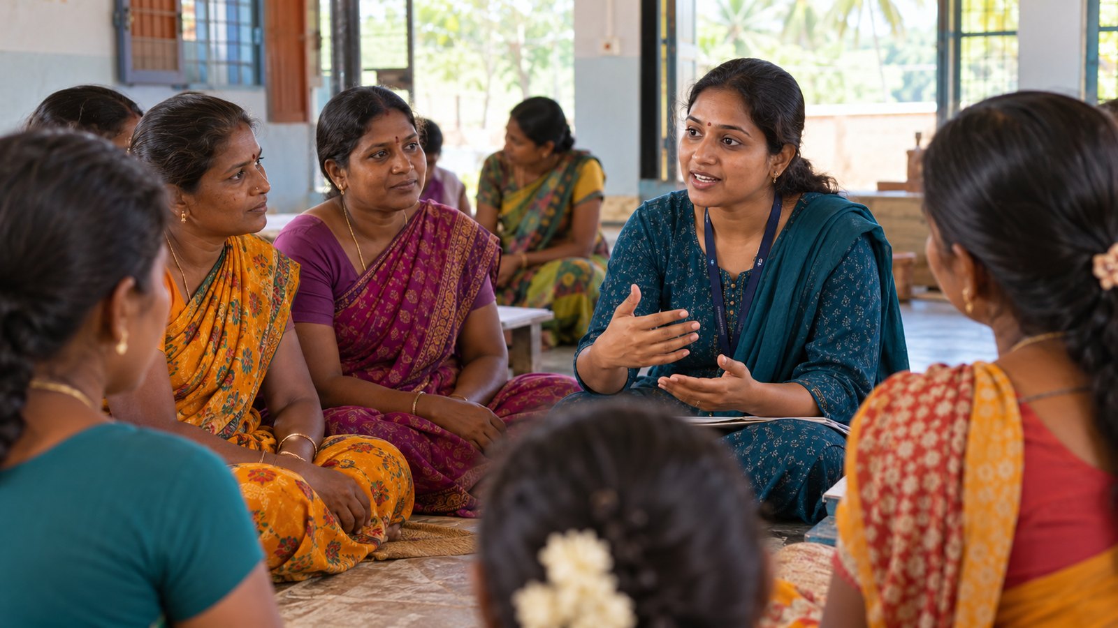 A community health information discussion in southern India between an Indian woman health educator and a small group of adult mothers.