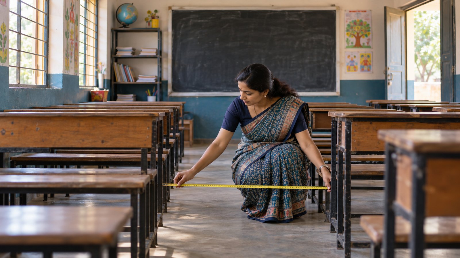 An Indian adult schoolteacher assessing an empty modest classroom.