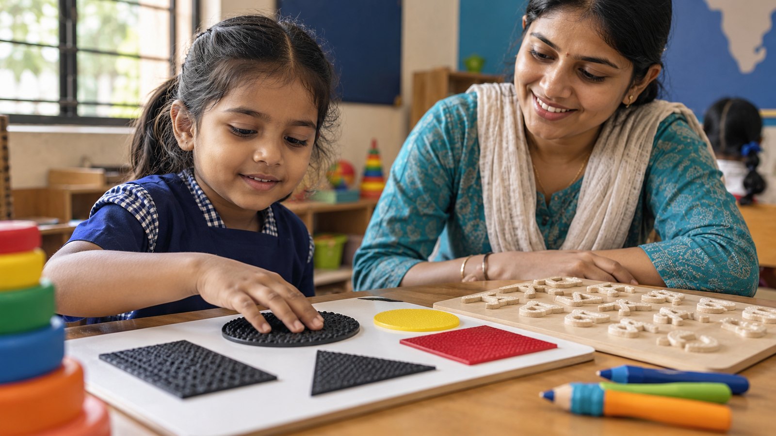 A teacher and child exploring tactile learning materials.