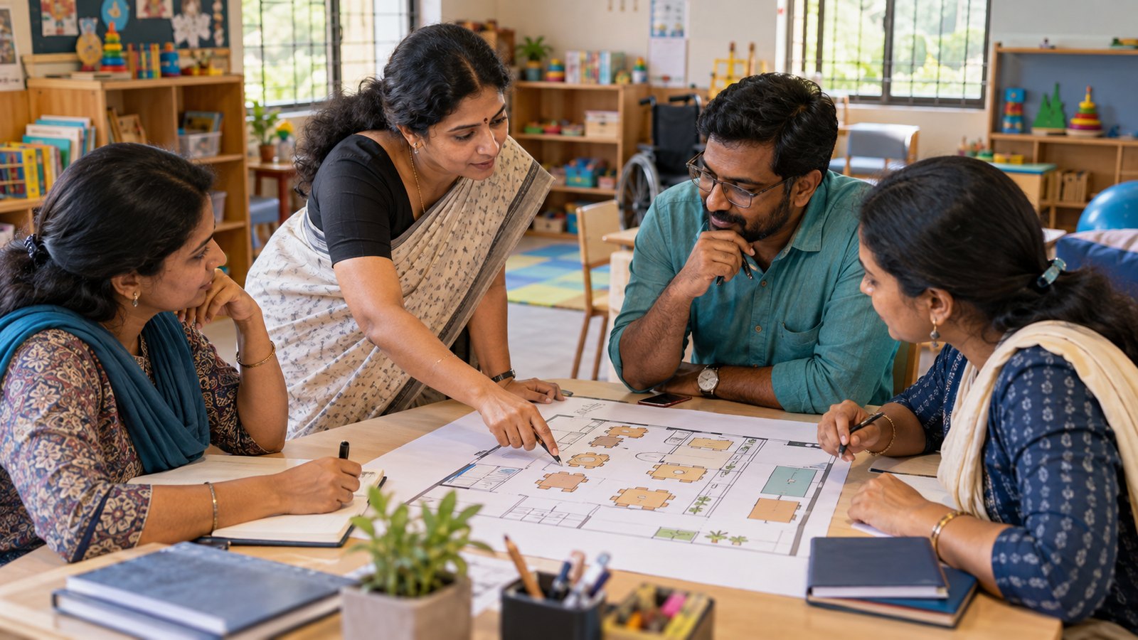 Indian adult teachers discussing an accessible classroom layout using a paper floor plan at a school resource center.