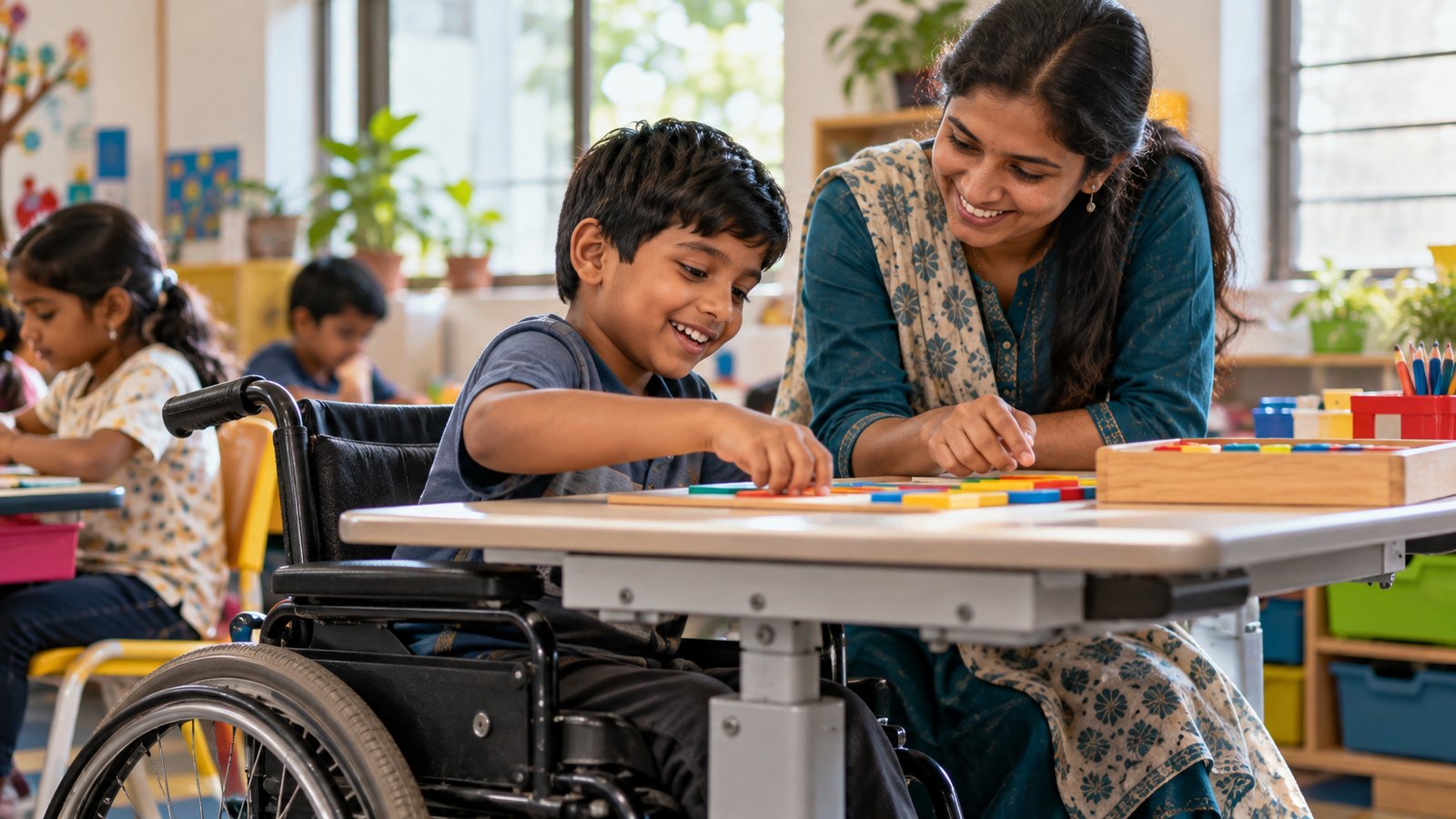 A bright inclusive learning room in India with clear accessible pathways.