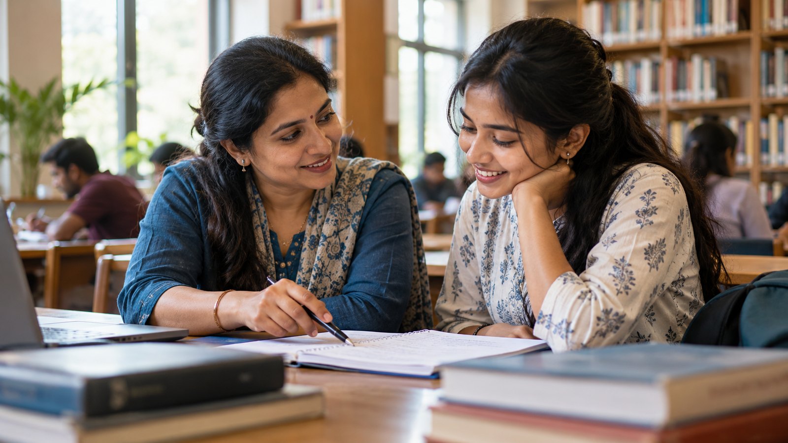 An Indian adult female mentor and a young adult woman aged 20 reviewing study goals at a library table.