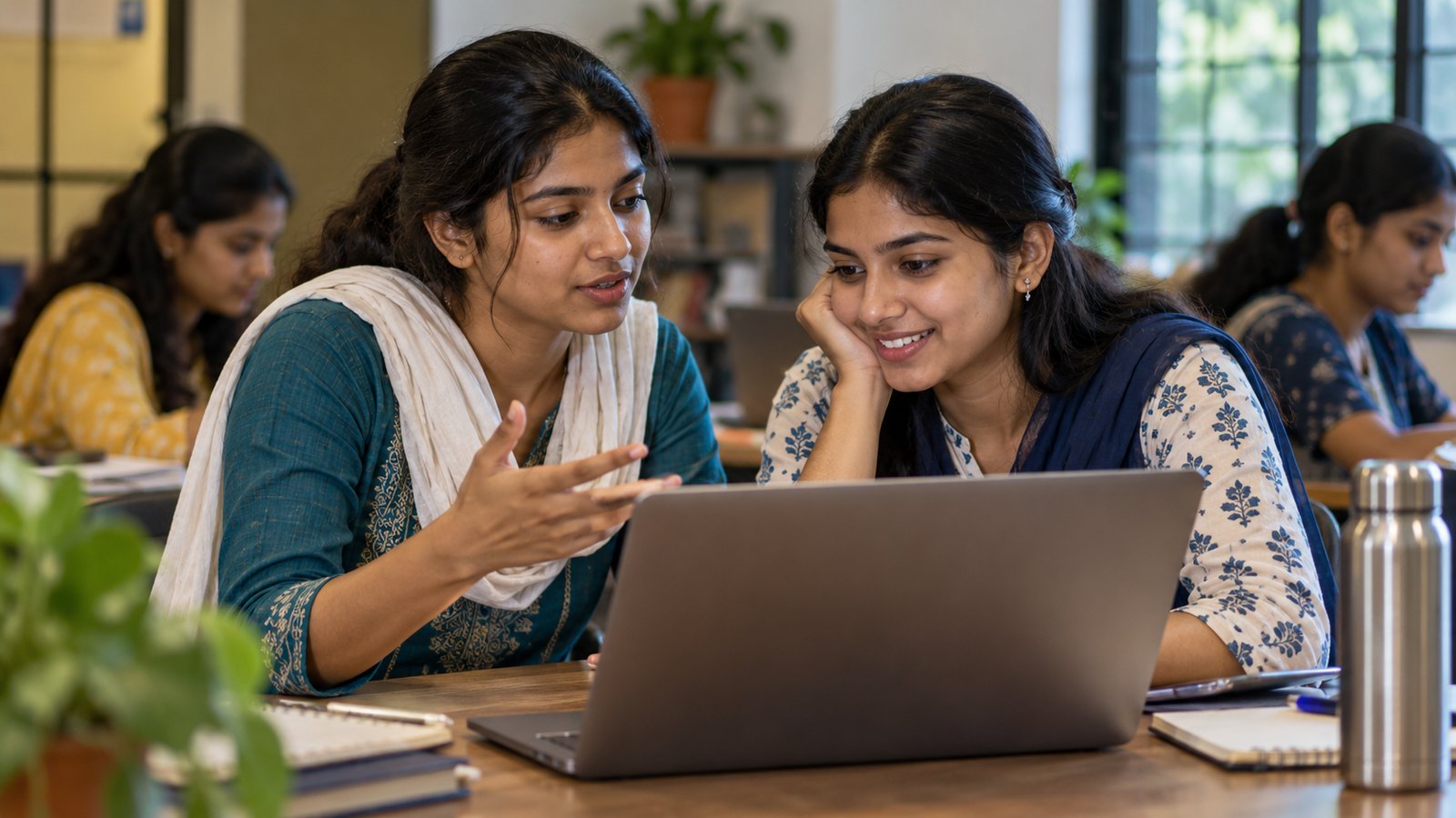 Young adult Indian women aged 19 to 23 working together on a laptop in a modest learning lab.