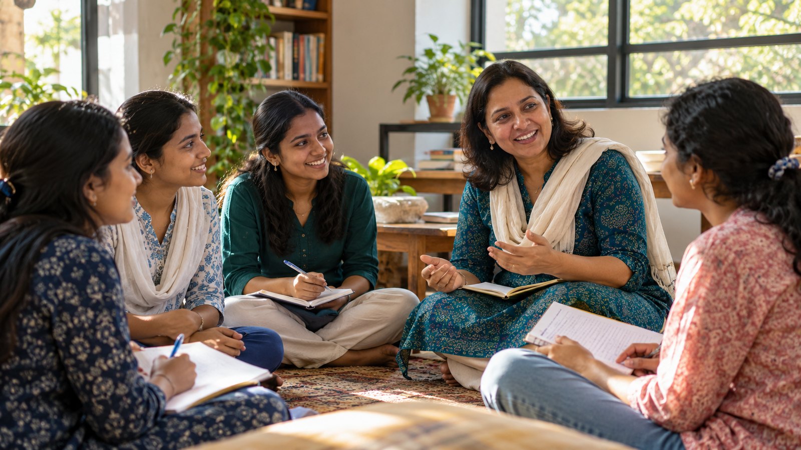 A mentoring circle of Indian young adult women aged 19 to 24 and an adult female educator in a sunlit study room.