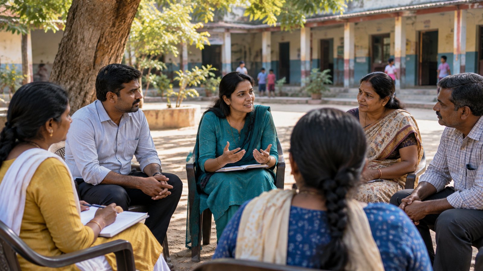 A small circle of Indian adult community partners listening to one another in an open school courtyard.