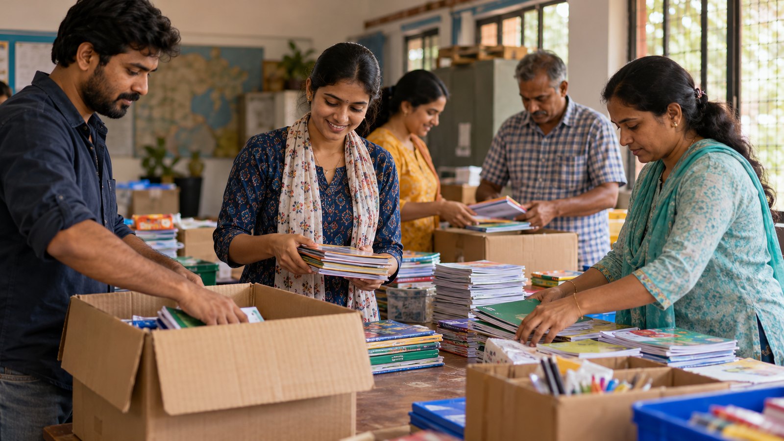 Indian adult volunteers sorting school learning materials in a community room.